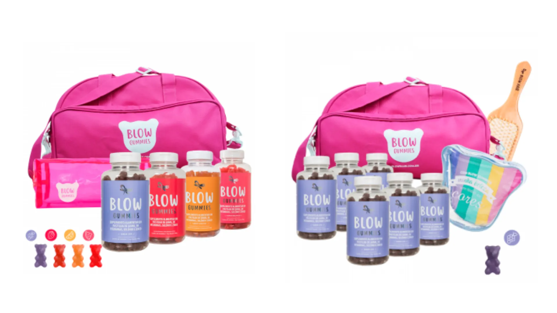 Kits Blow Gummies com necessaire, escova de cabelo, bolsa e frascos de suplemento