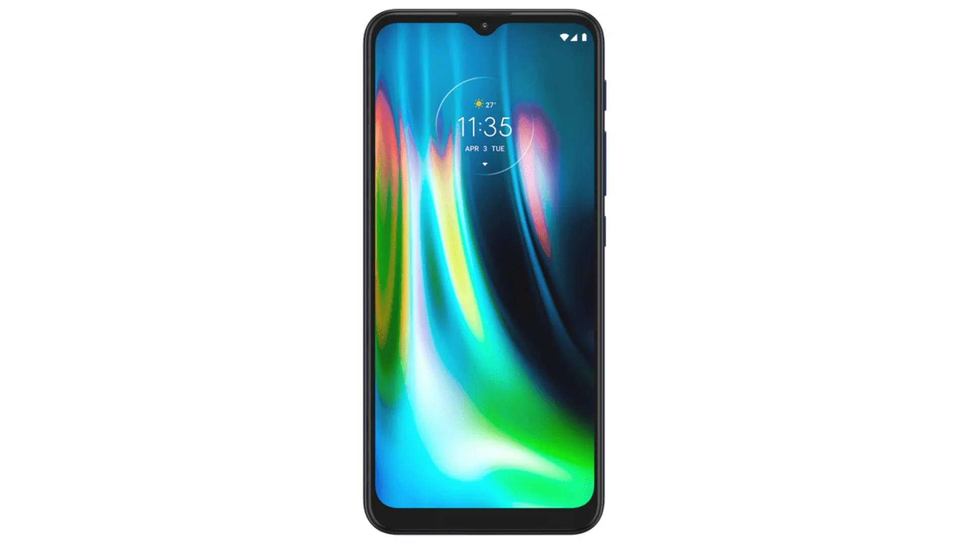 Moto G9 Play de frente, com a tela acesa, em um fundo branco