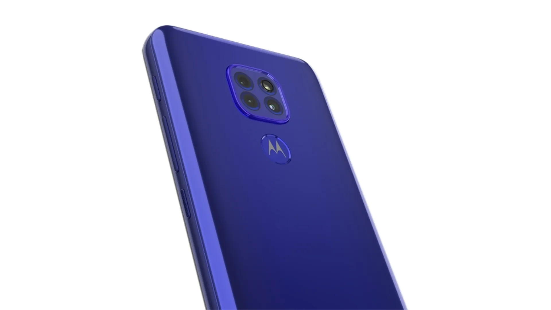 Parte traseira do Moto G9 Play azul em fundo branco