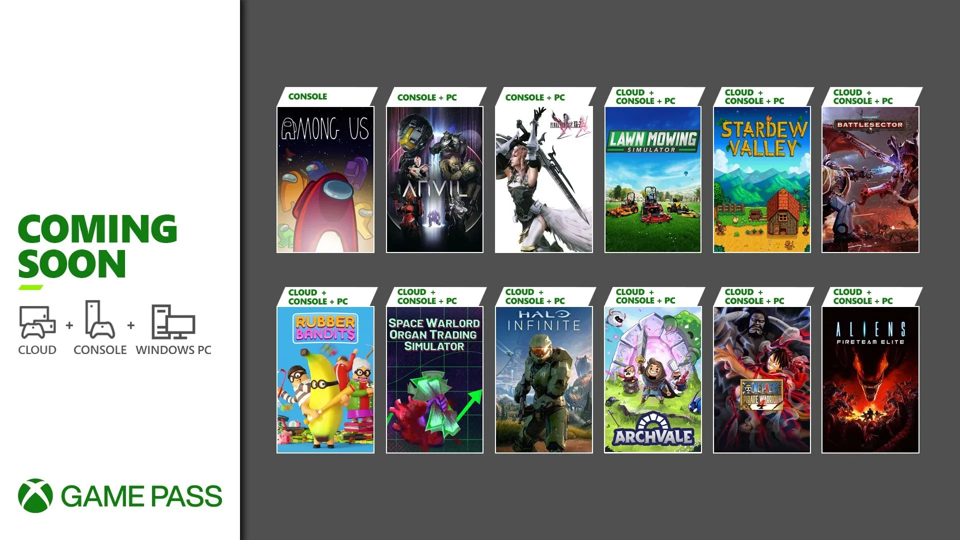  Imagem com artes em formato de caixa dos jogos adicionados no Xbox Game Pass dividida em duas fileiras de seis itens, com Among Us, Final Fantasy XIII-2, Stardew Valley, Halo Infinite e mais