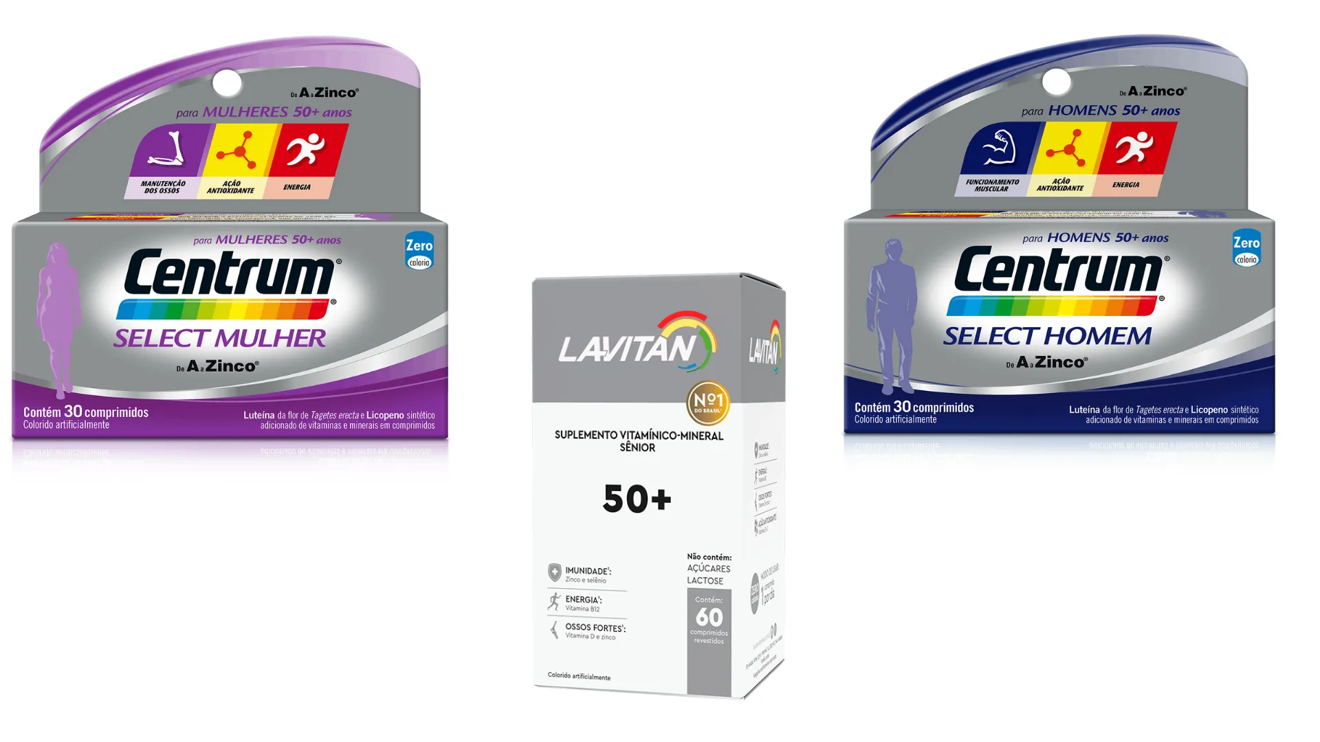 Embalagens de Centrum Select Mulher, Centrum Select Homem e Lavitan 50+