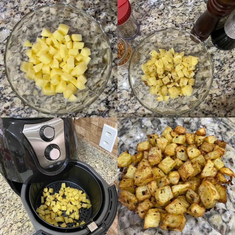 Fotos do passo a passo do preparo de batatas rústicas em cima de uma pia de mármore