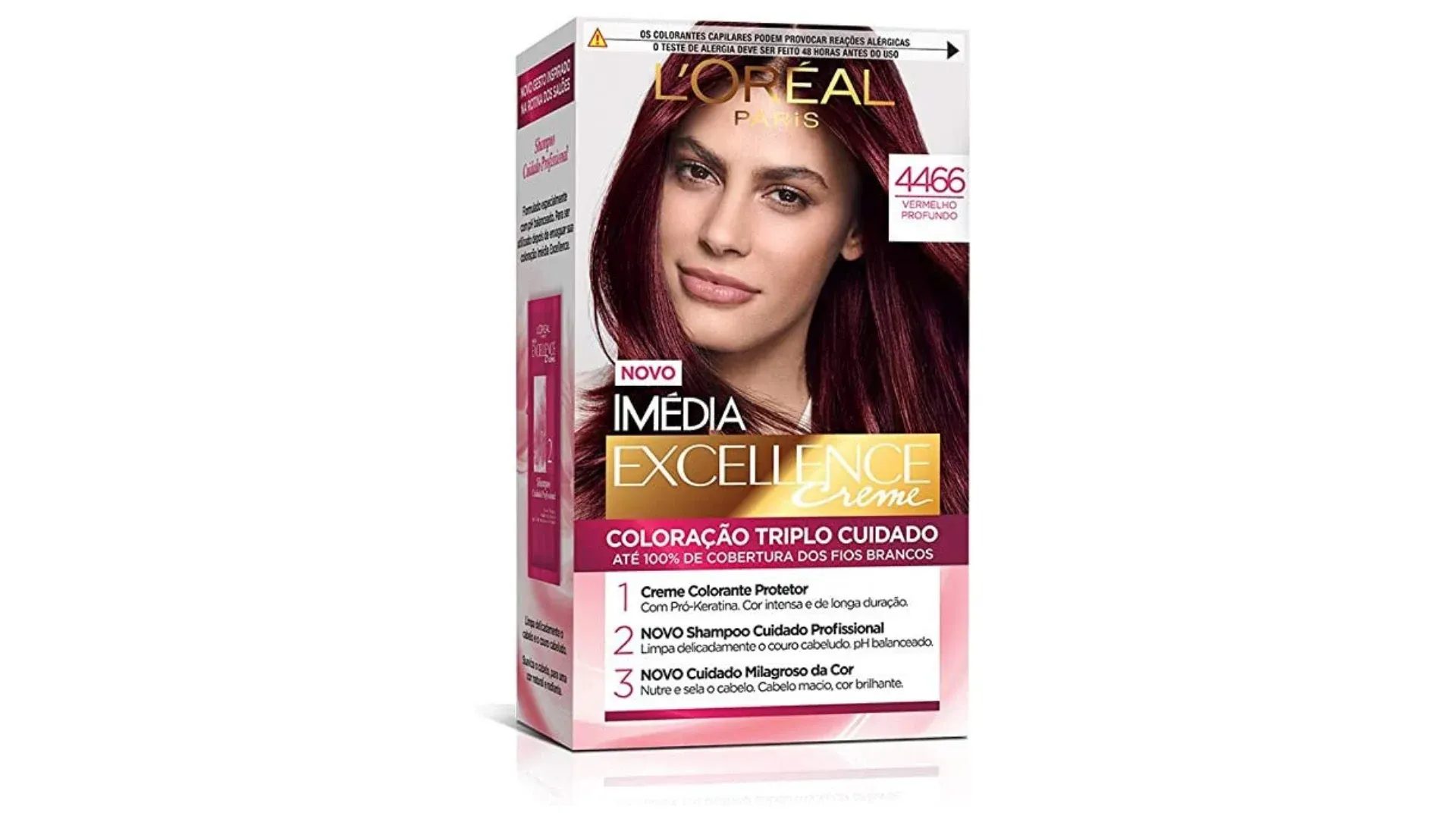 Embalagem com foto de modelo de cabelo vermelho