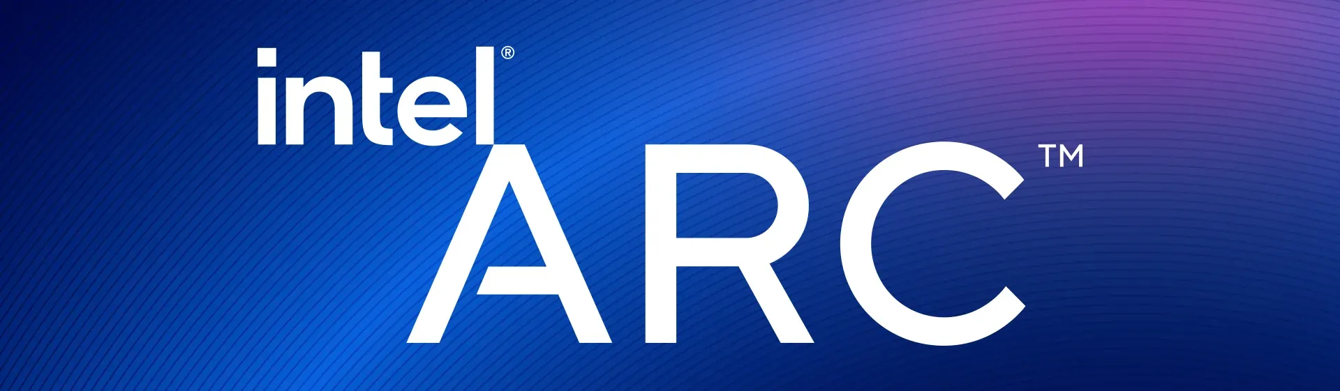 Logo do Intel Arc com fundo em tons misturados de azul e roxo