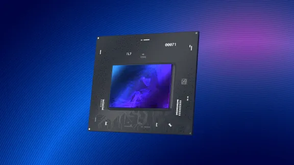 Ilustração mostrando placa de vídeo Intel Arc Alchemist sobre fundo em tons azul e roxo