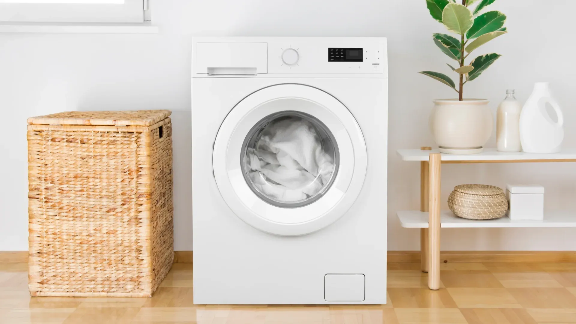 Máquina de lavar roupa branca front load em lavanderia com piso de madeira