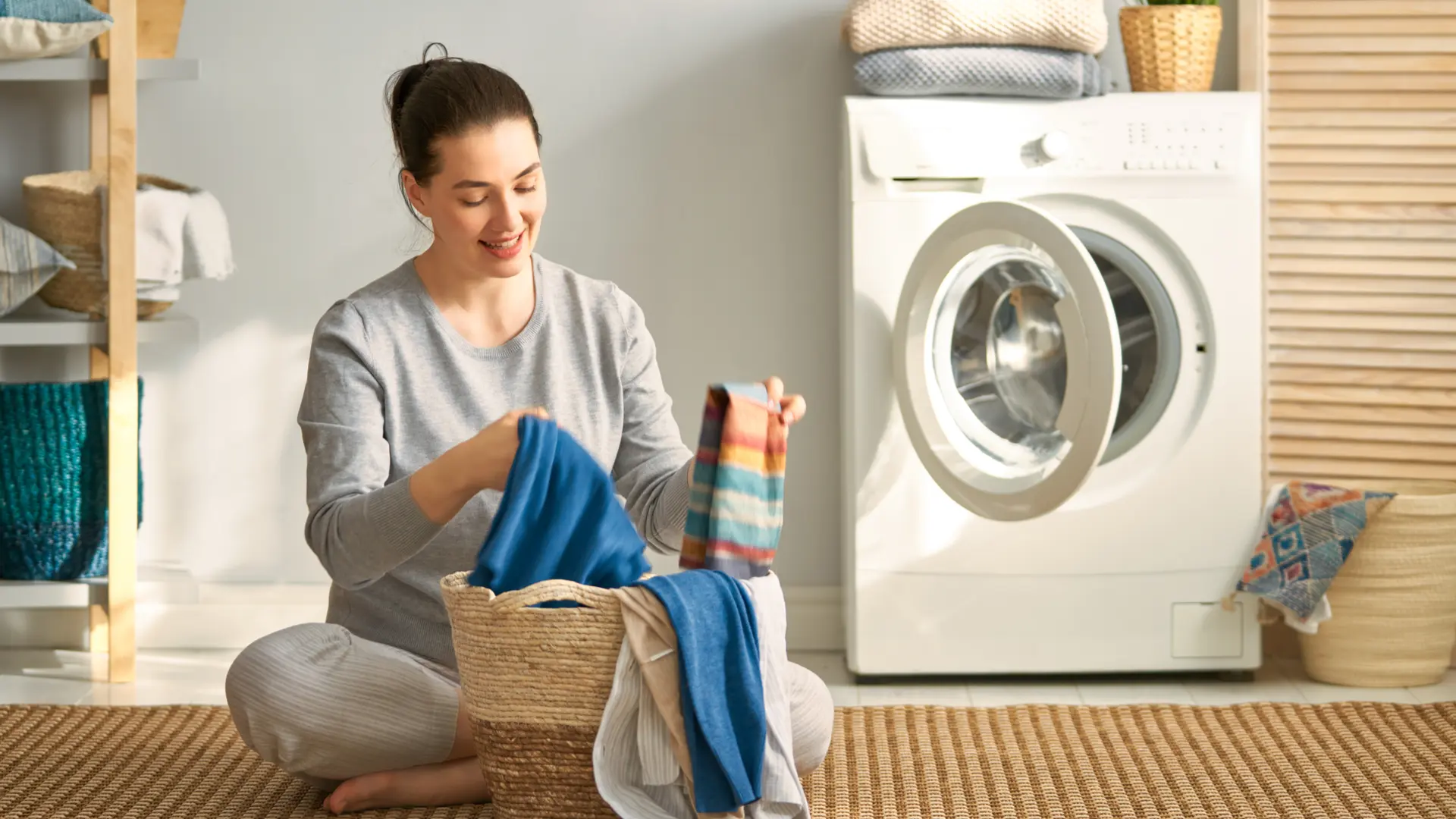 Mulher separa roupas para lavar de acordo com as instruções dos símbolos nas etiquetas das roupas