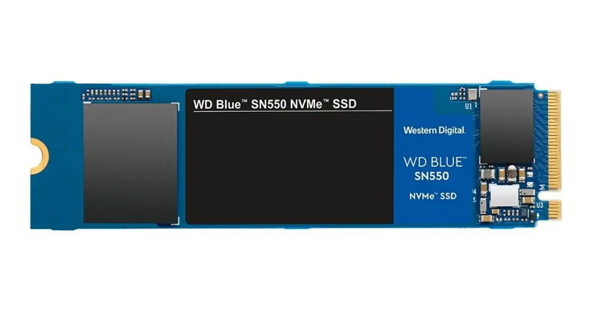 SSD M.2 WD Blue SN550 azul e preto em fundo branco