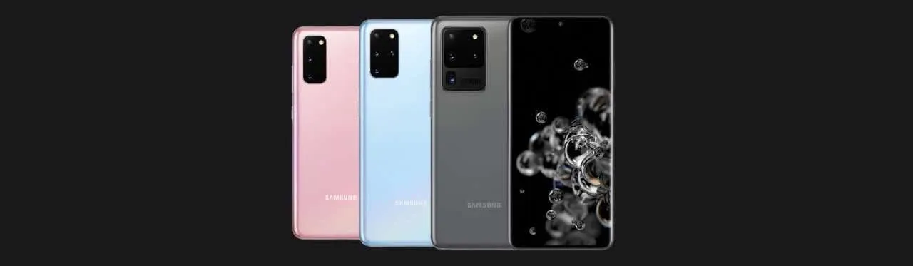 Samsung Galaxy S20, S20 Plus e S20 Ultra de cores diferentes lado a lado