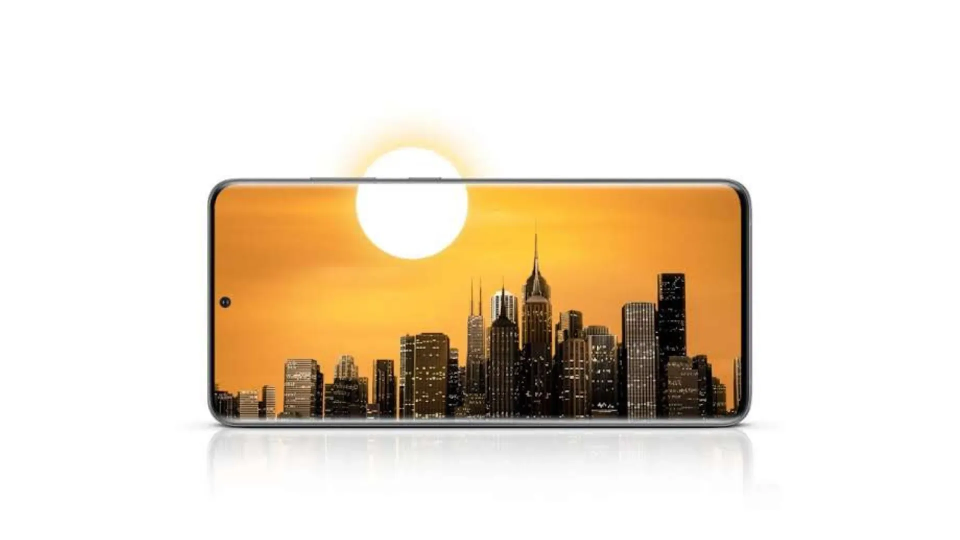 Tela do celular Samsung Galaxy S20 com imagens de prédios e o sol sobrepondo o telefone