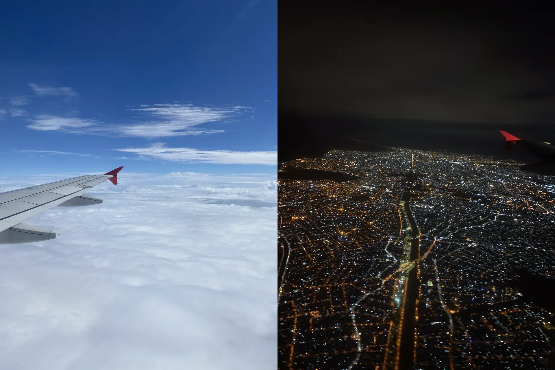 Fotos do céu visto da janela do avião pela manhã e à noite