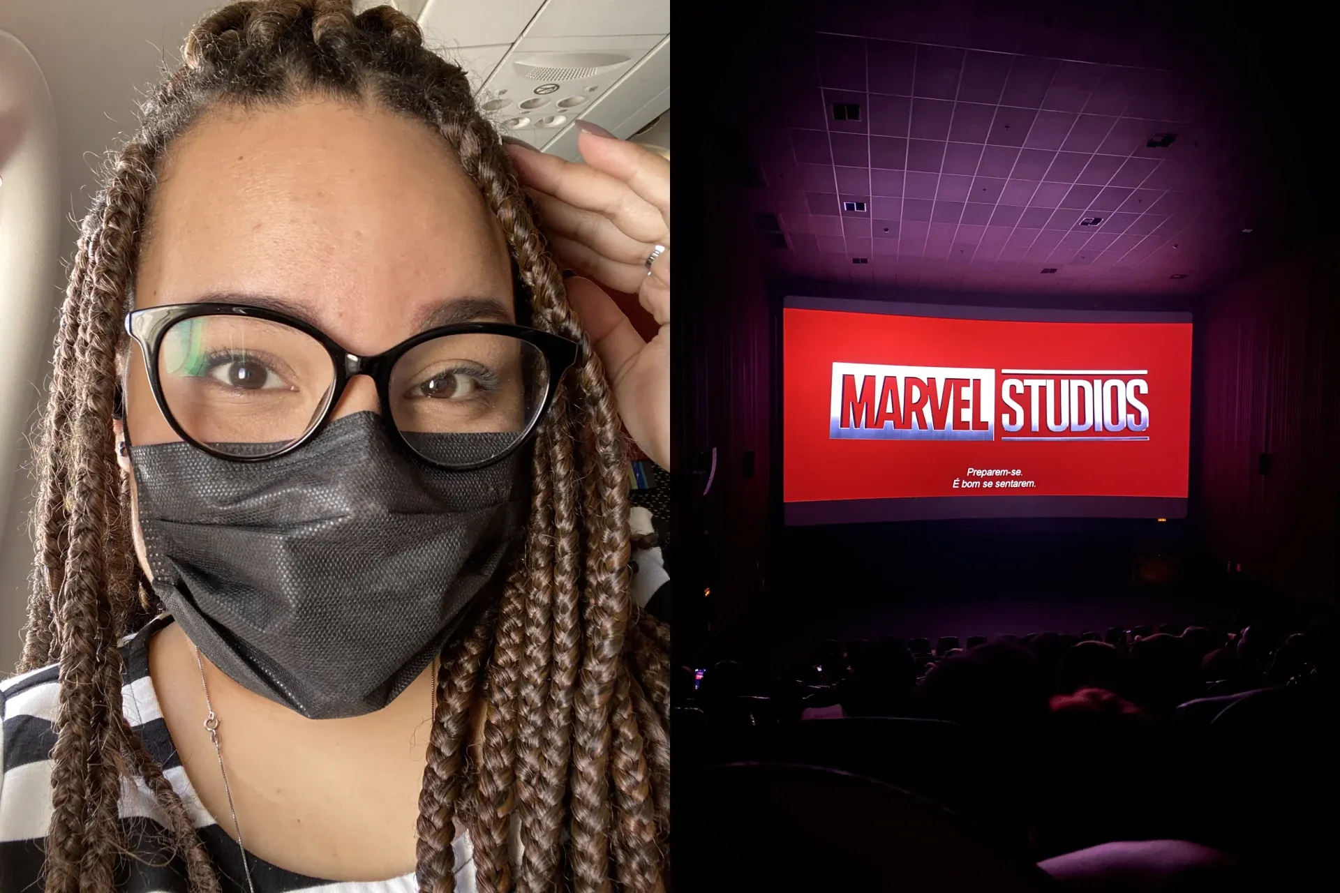 Selfie de mulher negra usando tranças castanhas e óculos com armação preta e máscara ao lado da tela do cinema com o logo da Marvel Studios