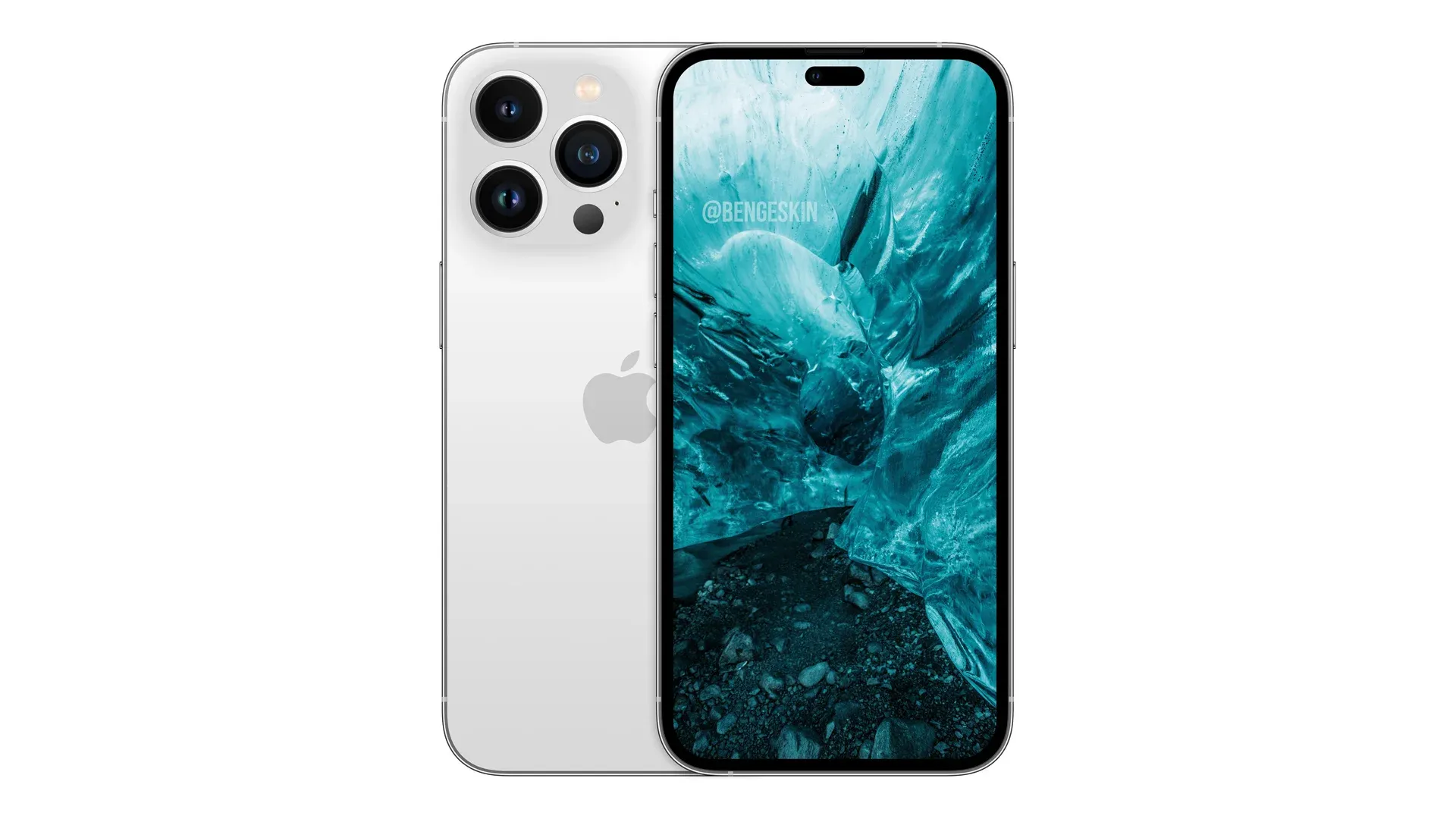Imagem conceito do iPhone 14, lançamento de celular da Apple, frente e verso, na cor branca