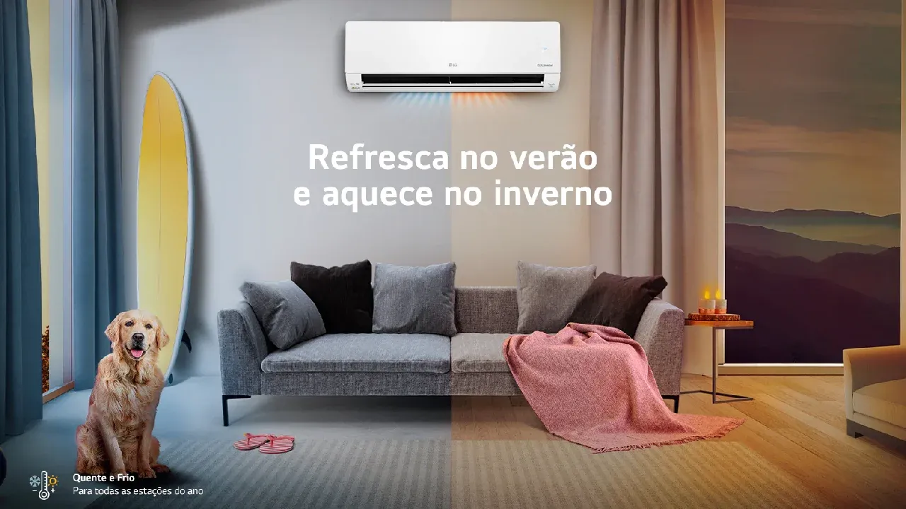 Montagem mostrando ar-condicionado LG resfriando a sala nos dias quentes e aquecendo nos dias frios