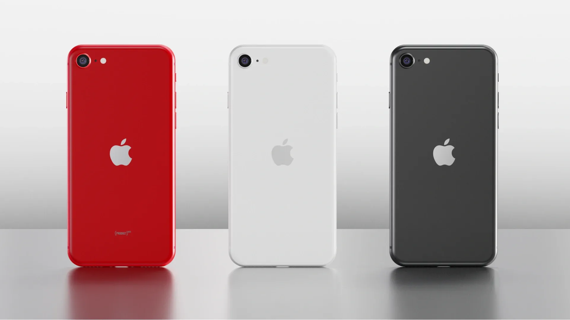 Imagem de três celulares iPhone SE 2020 em cores diferentes