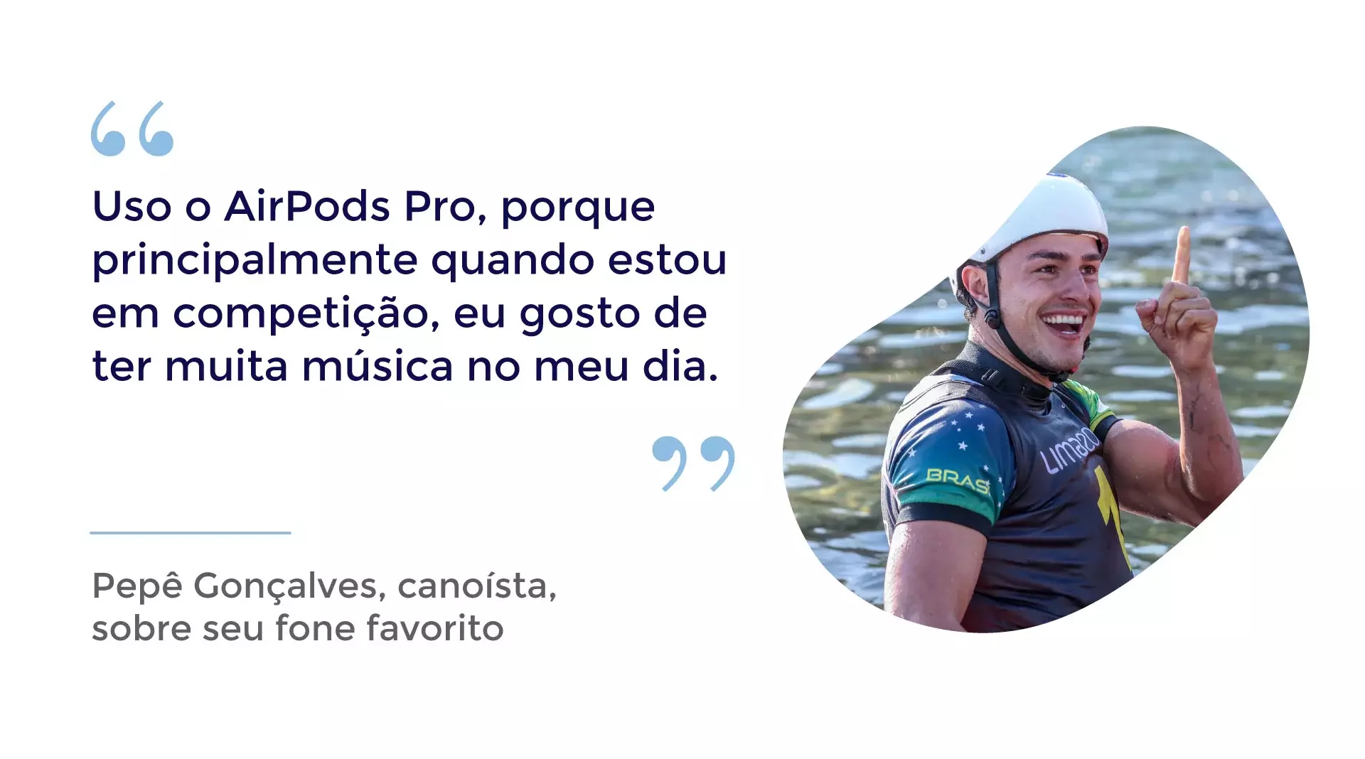 Arte com atleta Pepê Gonçalves na água sorrindo e apontando pro alto com capacete branco