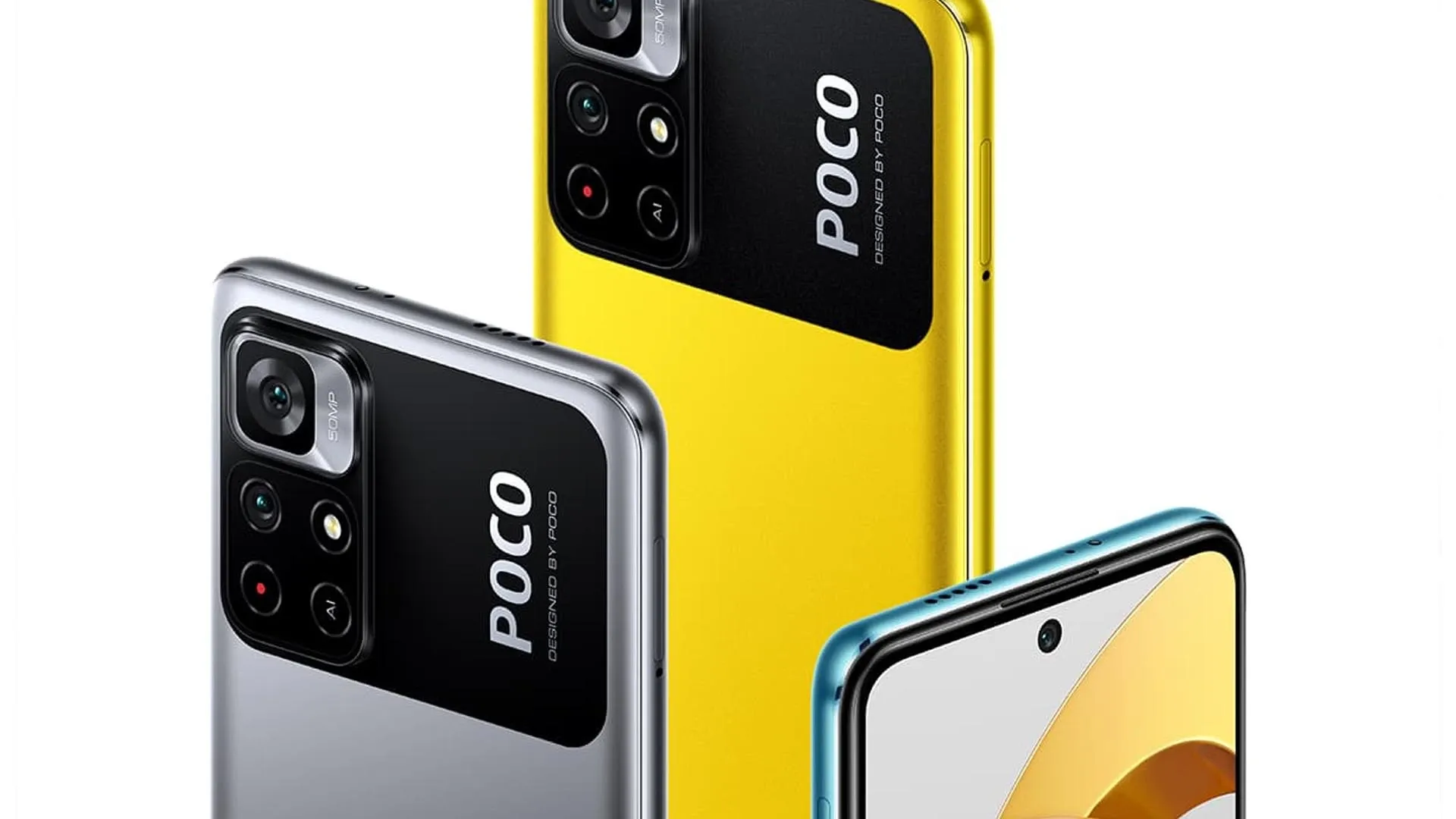 Três modelos do Poco M4 Pro 5G com traseira em cores diferentes