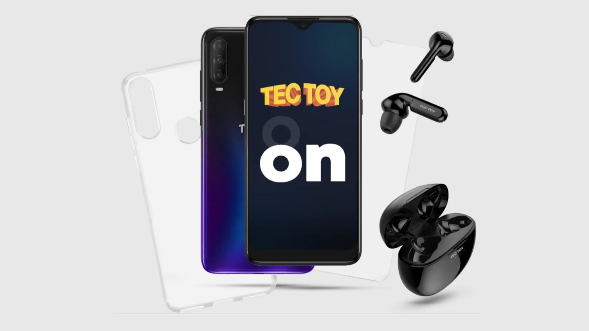 Celular TecToy On com farte da frente e de trás, fones de ouvido bluetooth e capa protetora
