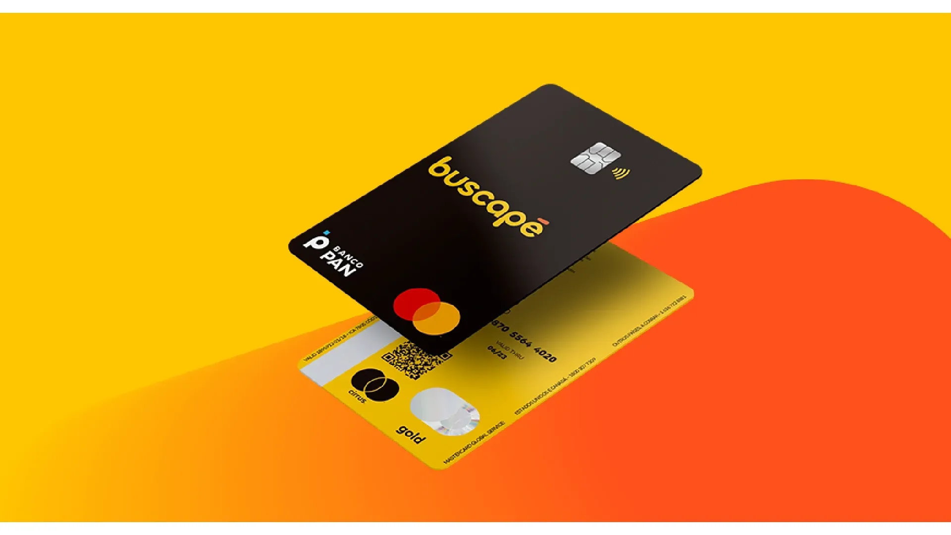Arte com dois cartões Buscapé em fundo laranja