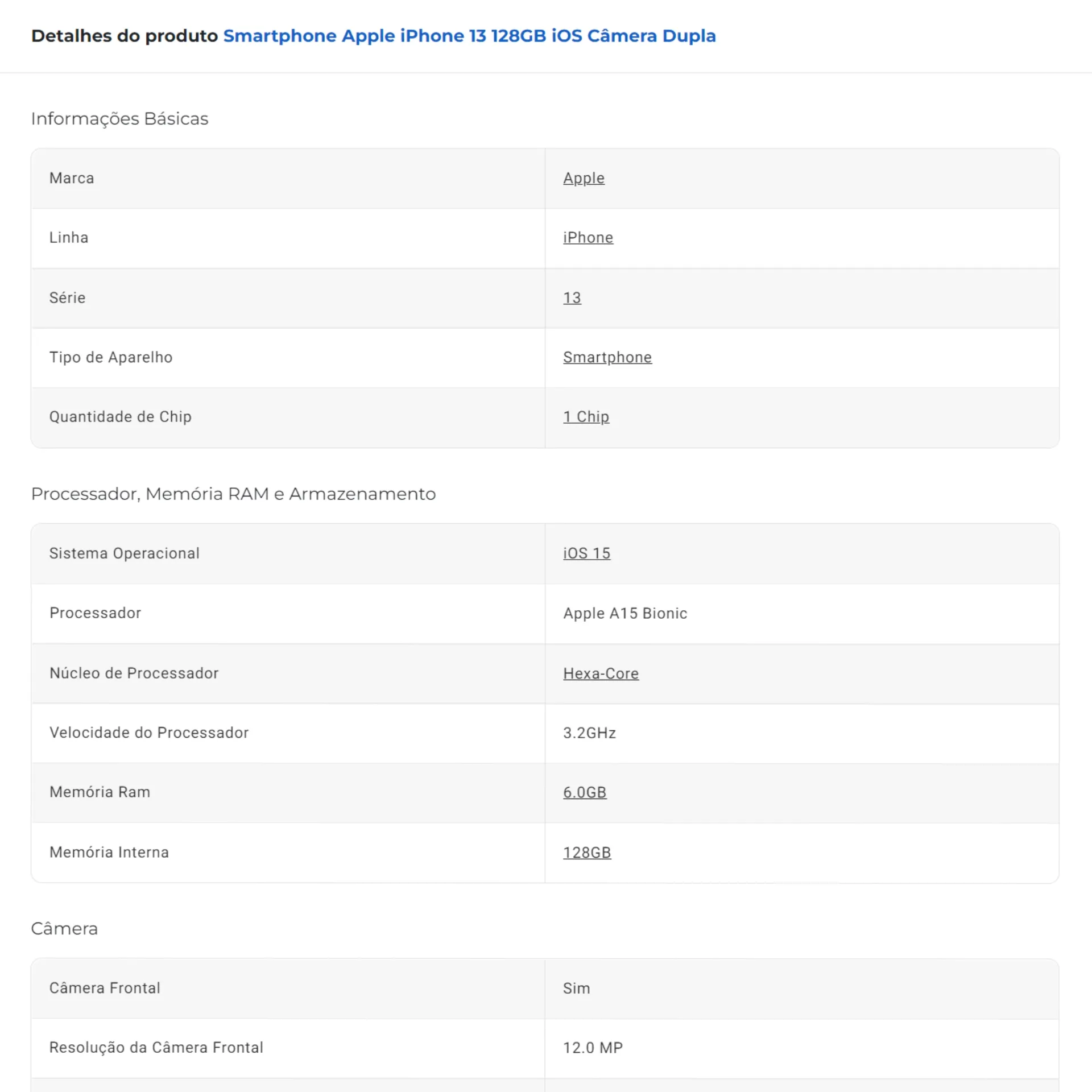 Captura de tela de parte da ficha técnica do iPhone 13 no Buscapé