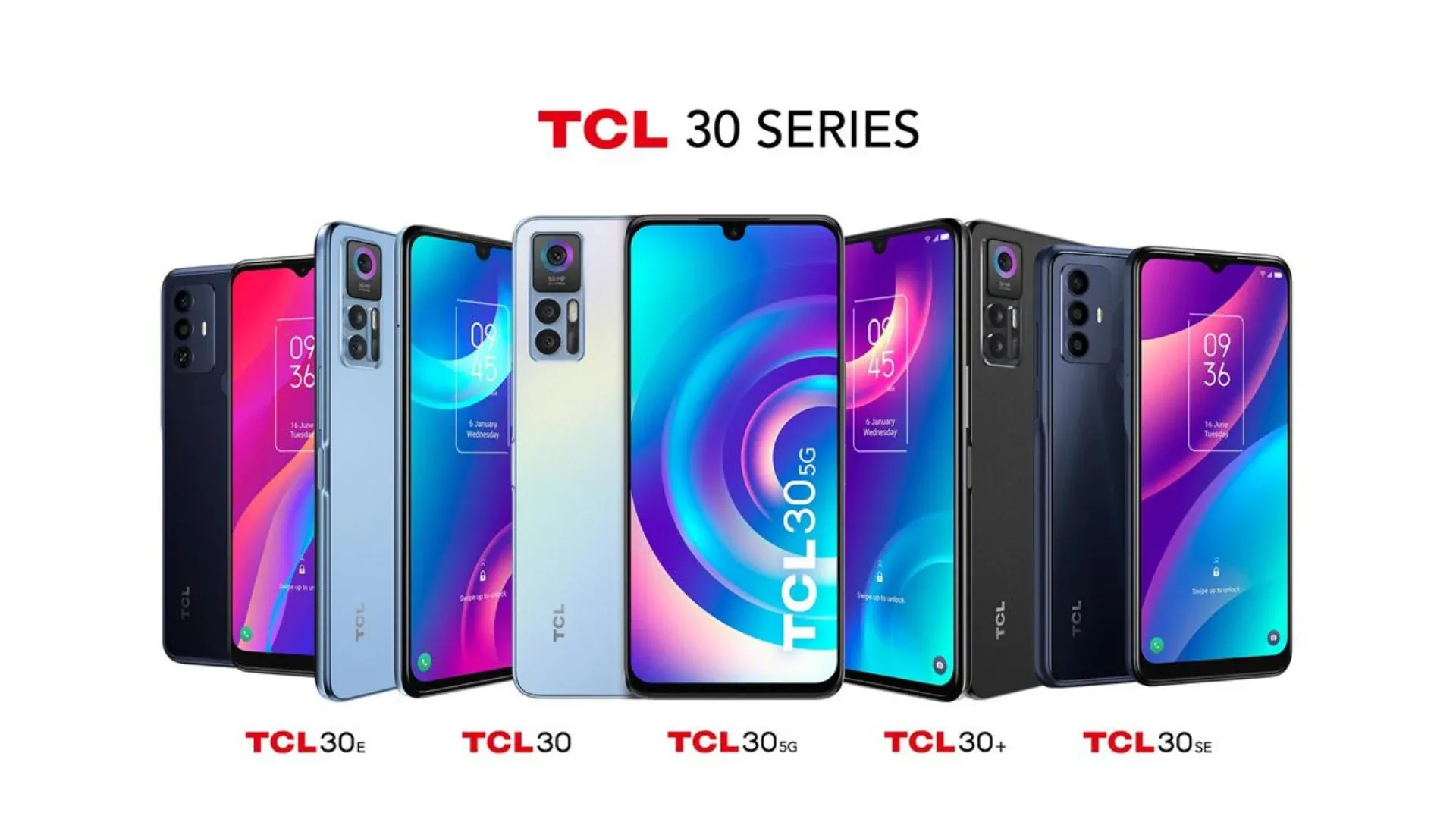 Anúncio com os cinco novos celulares da linha TCL 30