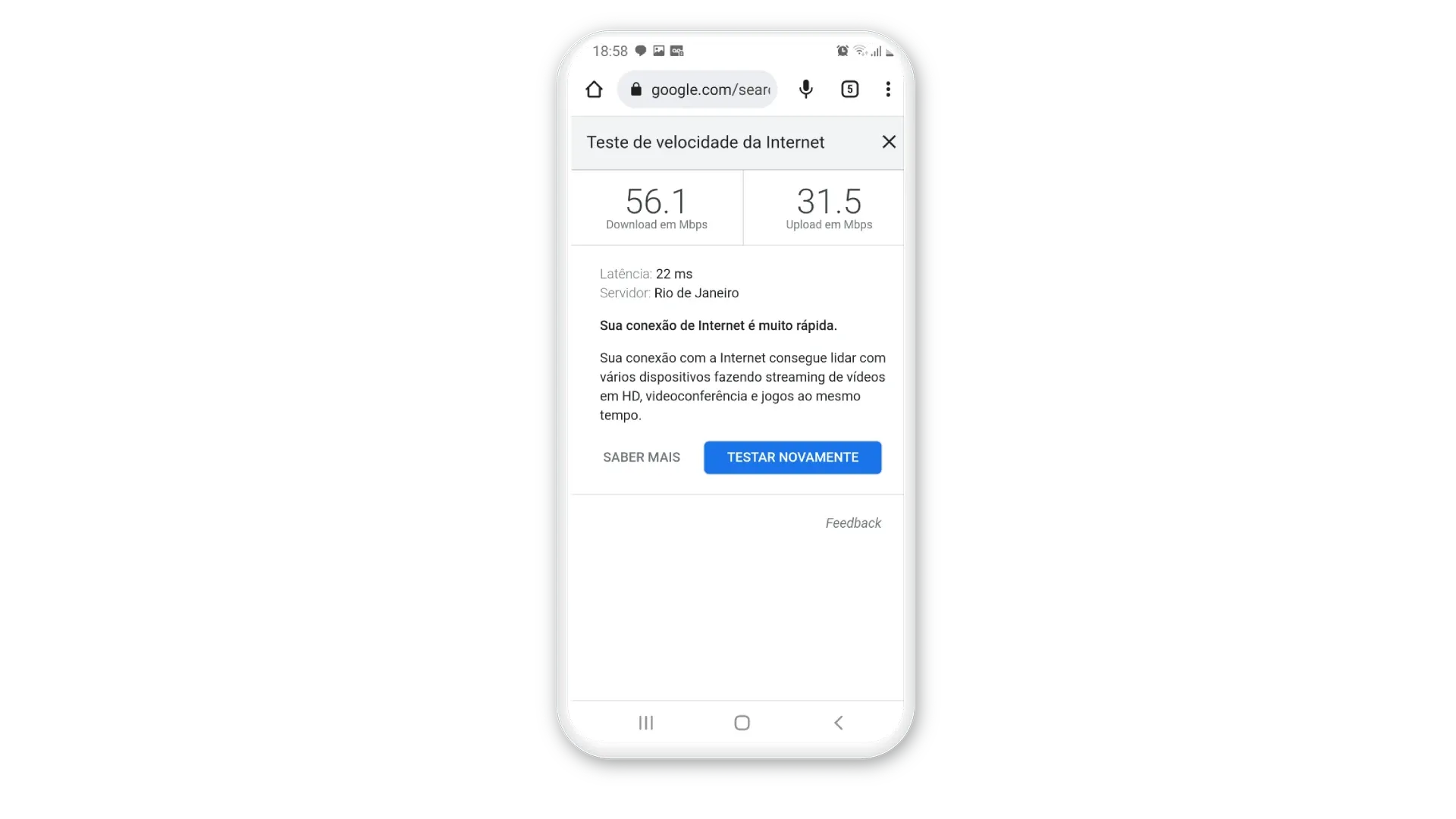 Print de tela de celular mostrando resultado do teste de velocidade feito no roteador de operadora que tenho em casa
