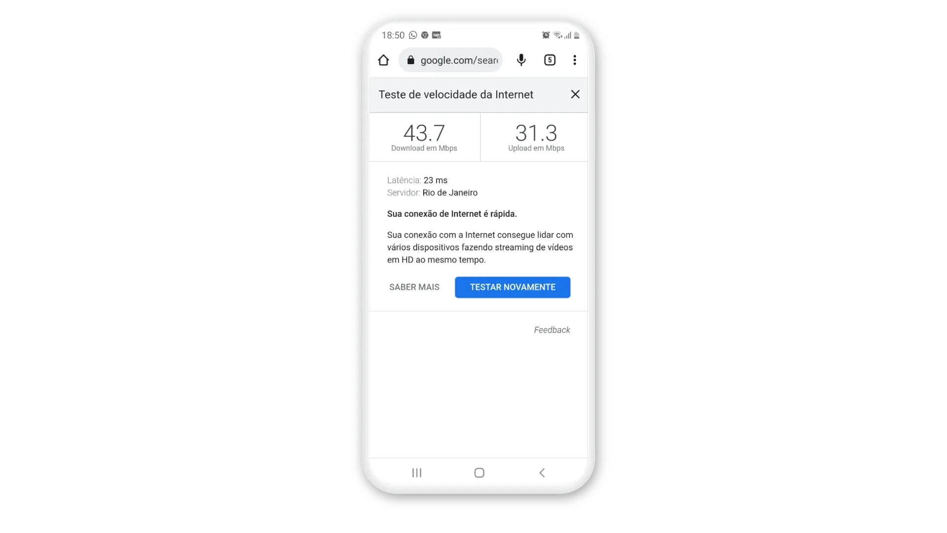 Print de tela de celular mostrando resultado do teste de velocidade feito no roteador D-Link