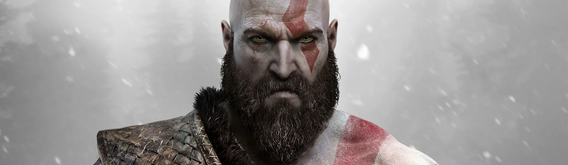 Arte do jogo God of War com o rosto do protagonista Kratos no centro, de barba