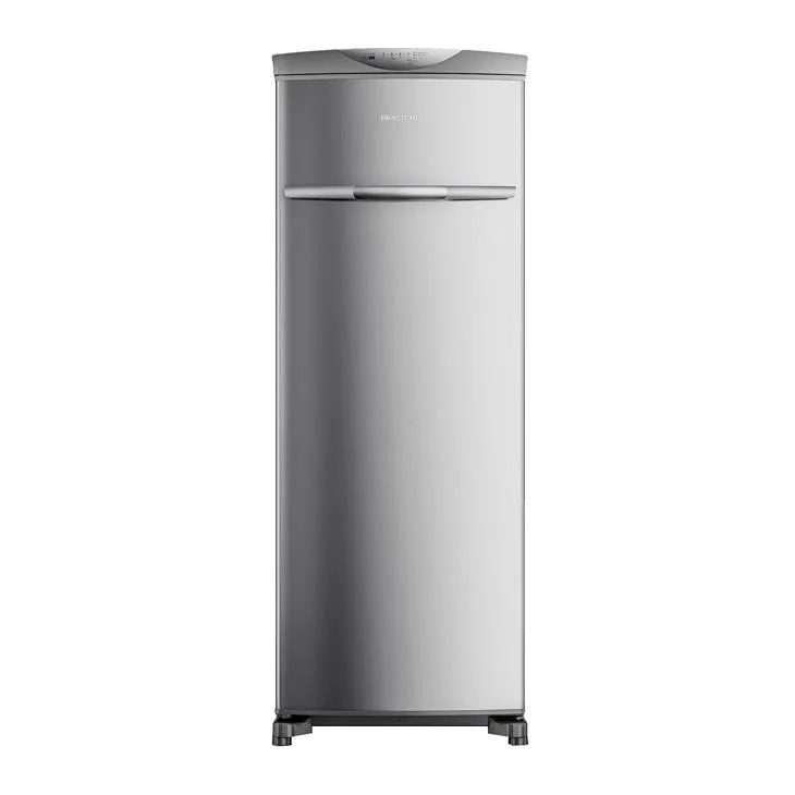 Freezer inox vertical de uma porta no fundo branco