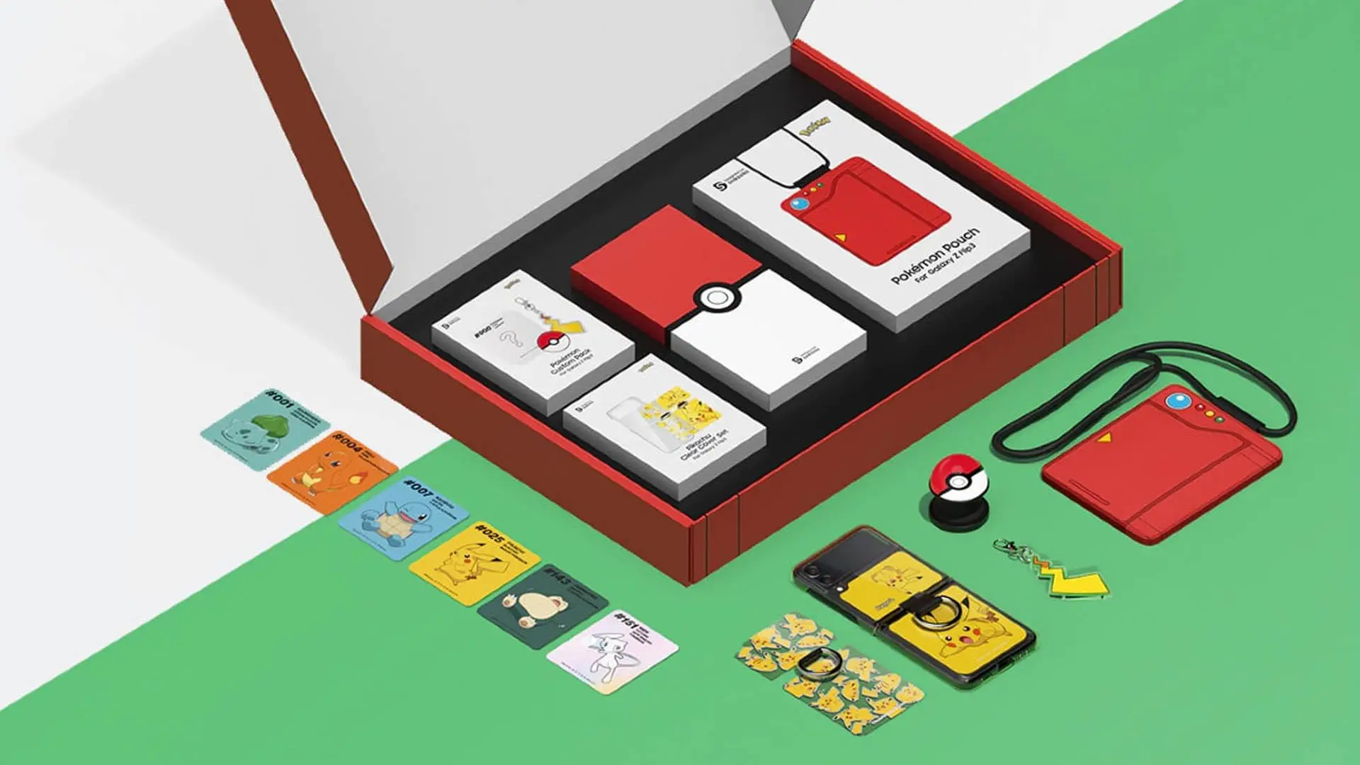 Imagem do Galaxy Z Flip 3 Pokemon Edition e seus acessórios