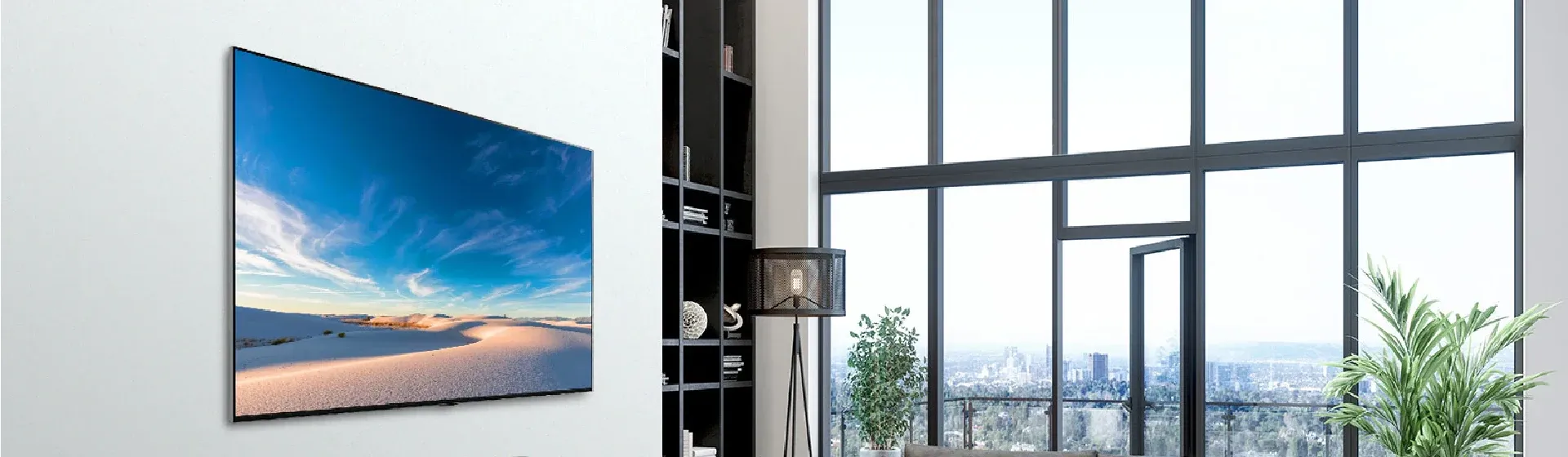 Smart TV LG QNED90 em parede de sala de estar elegante