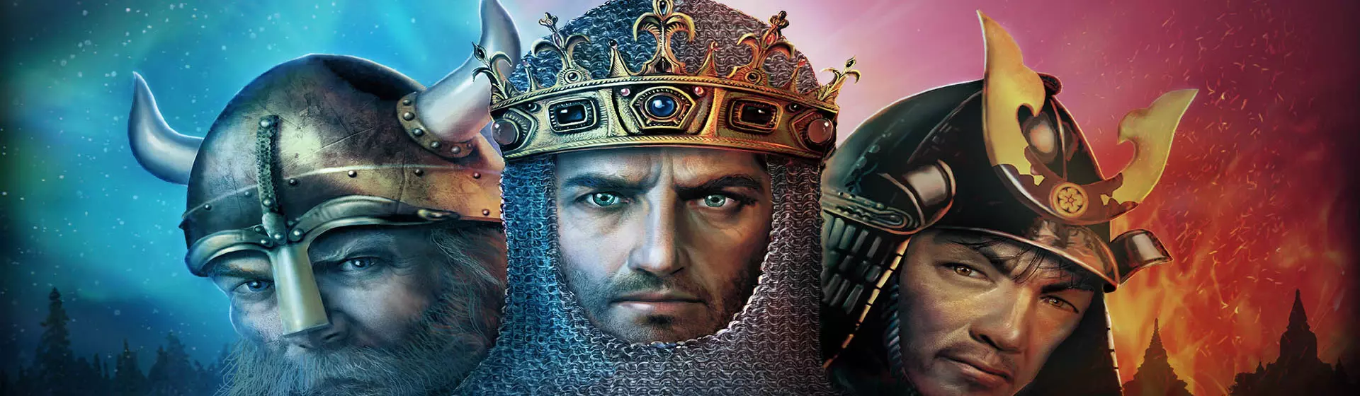 Arte do jogo Age of Empires com os rostos de um rei no centro, um viking à esquerda e um samurai à direita