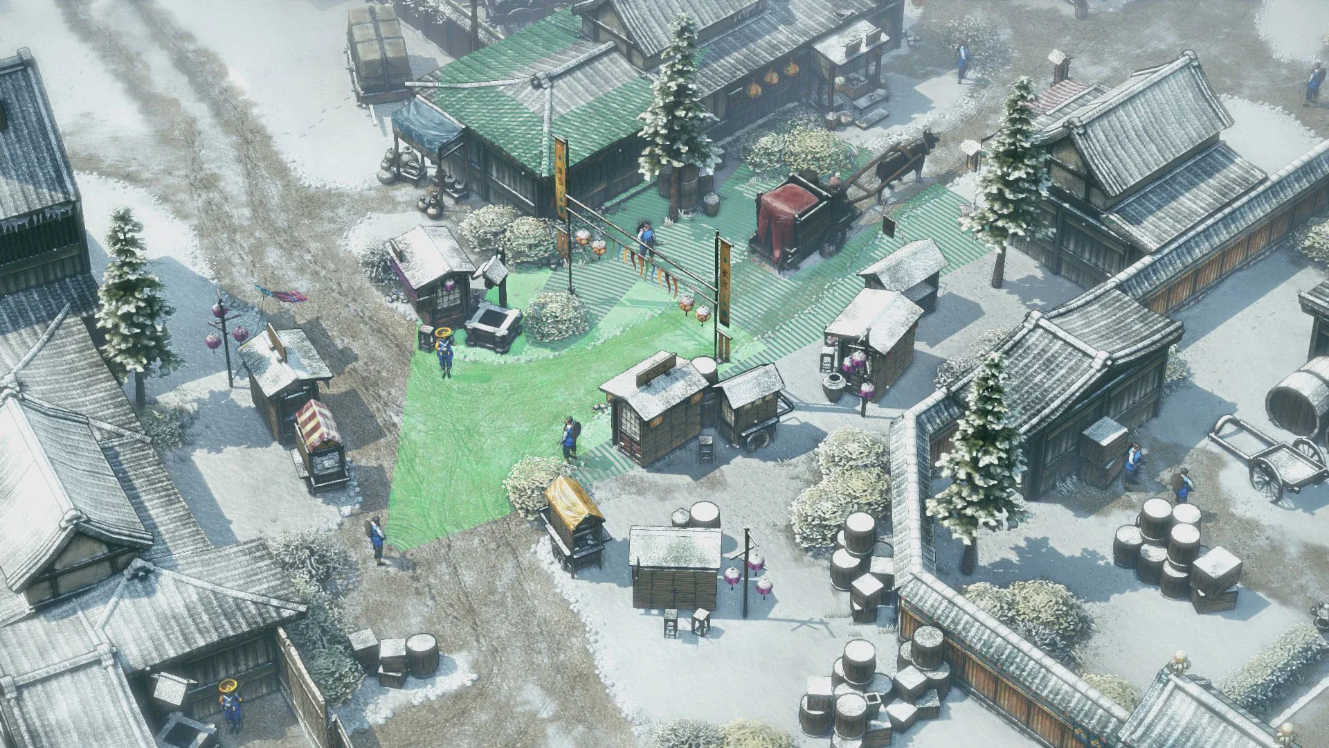 Imagem do jogo Shadow Tactics que mostra uma vila tranquila japonesa coberta por neve enquanto guardas realizam sua segurança e seu campo de visão é marcado em verde para o jogador