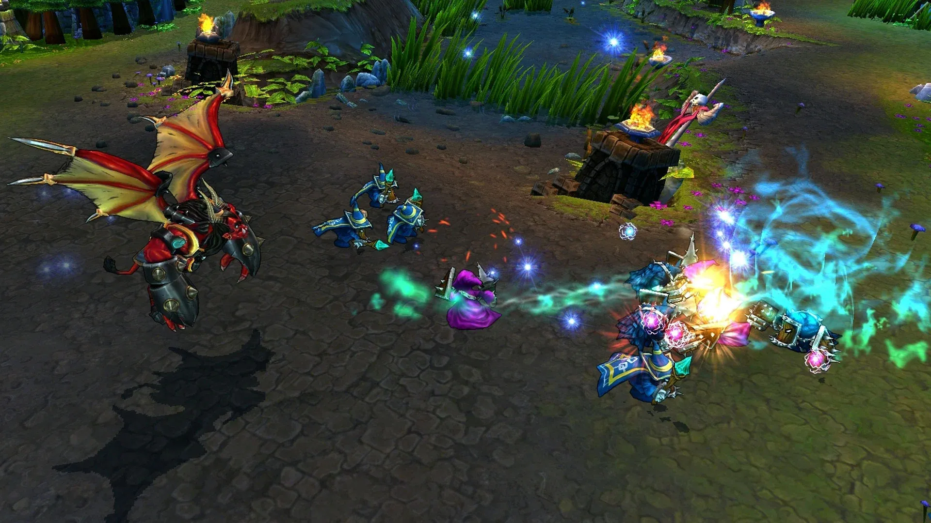 Imagem do jogo League of Legends, na qual o campeão Galio leva um pequeno exército pela floresta e enfrenta unidades inimigas