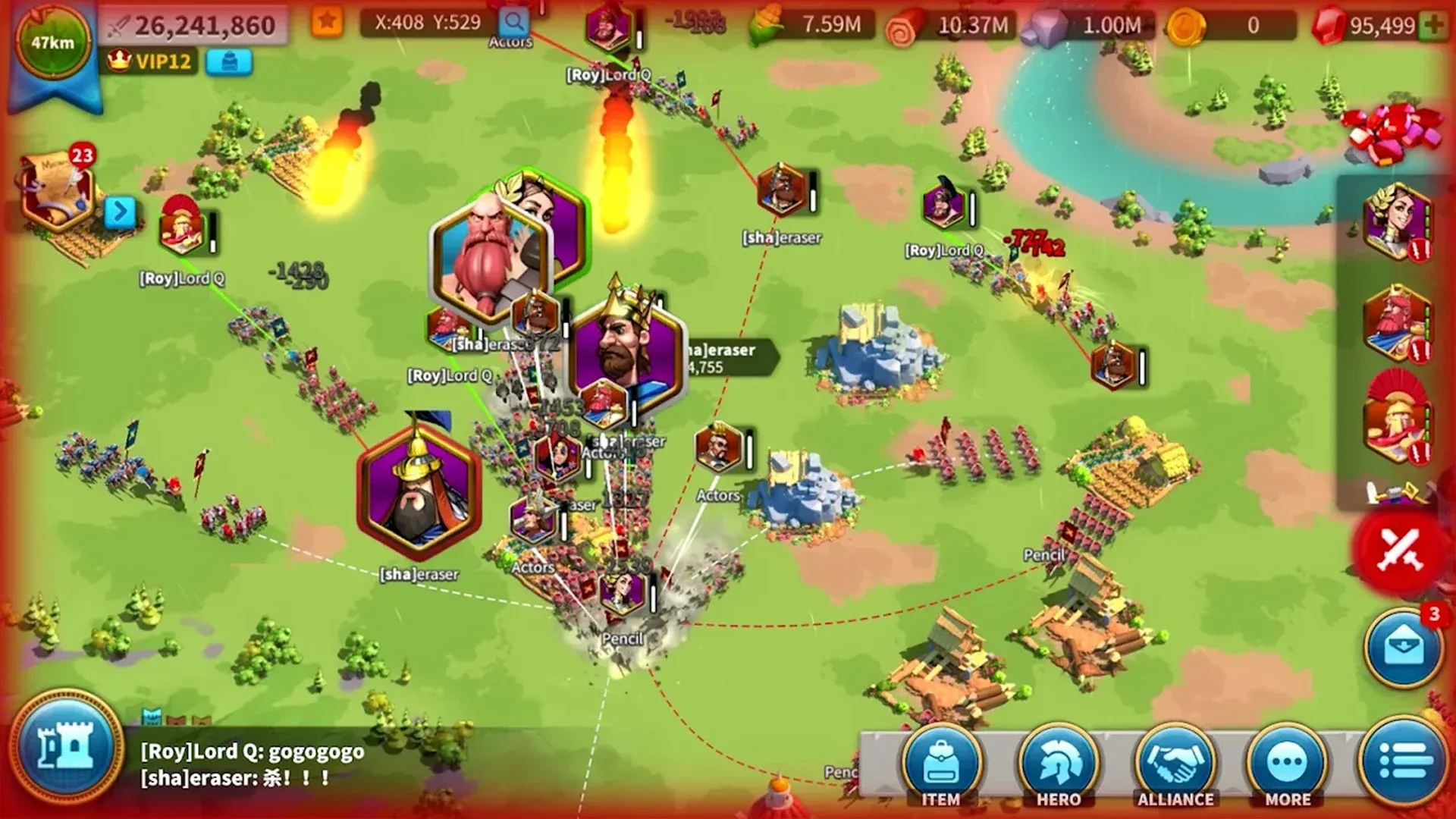 Imagem do jogo Rise of Kingdoms mostrando uma batalha em larga escala entre exércitos, simbolizados por unidades e fotos de seus líderes em meio a um campo verde