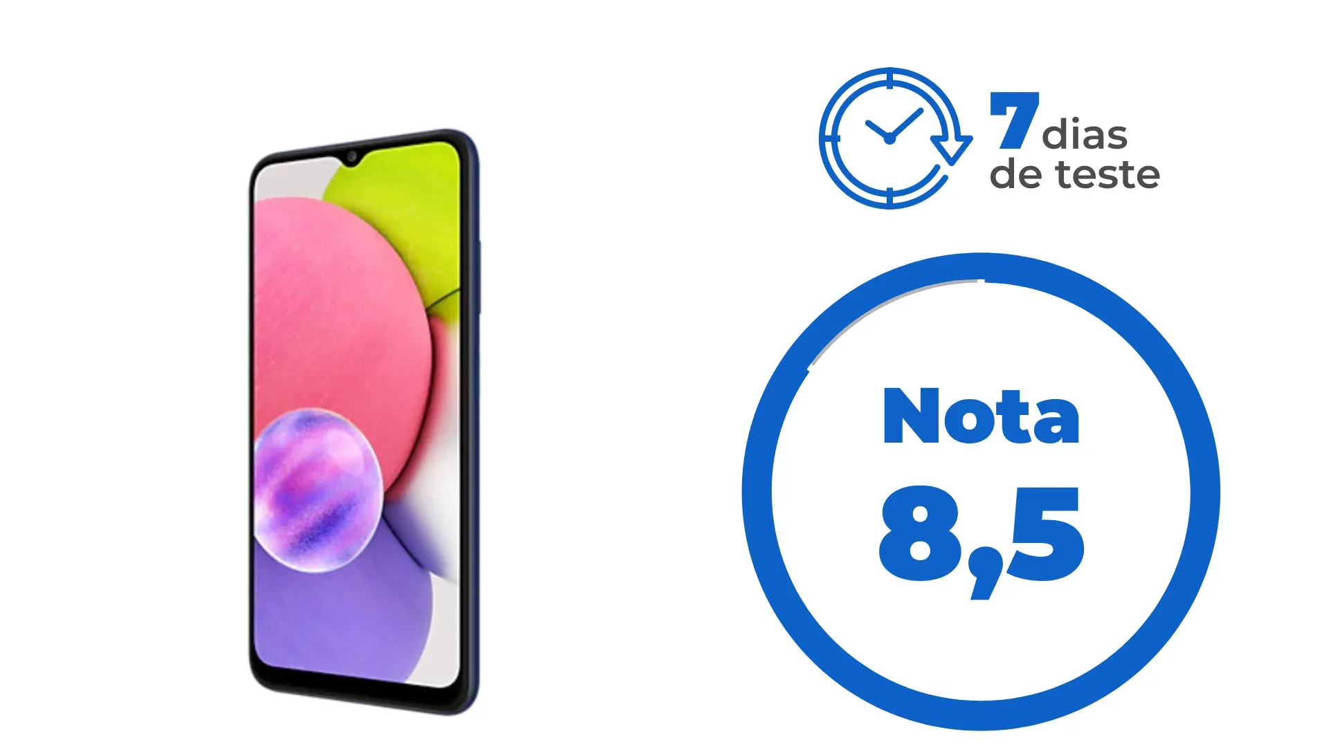 Imagem que mostra a nota 8,5 para o Samsung A03s depois de 7 dias de teste