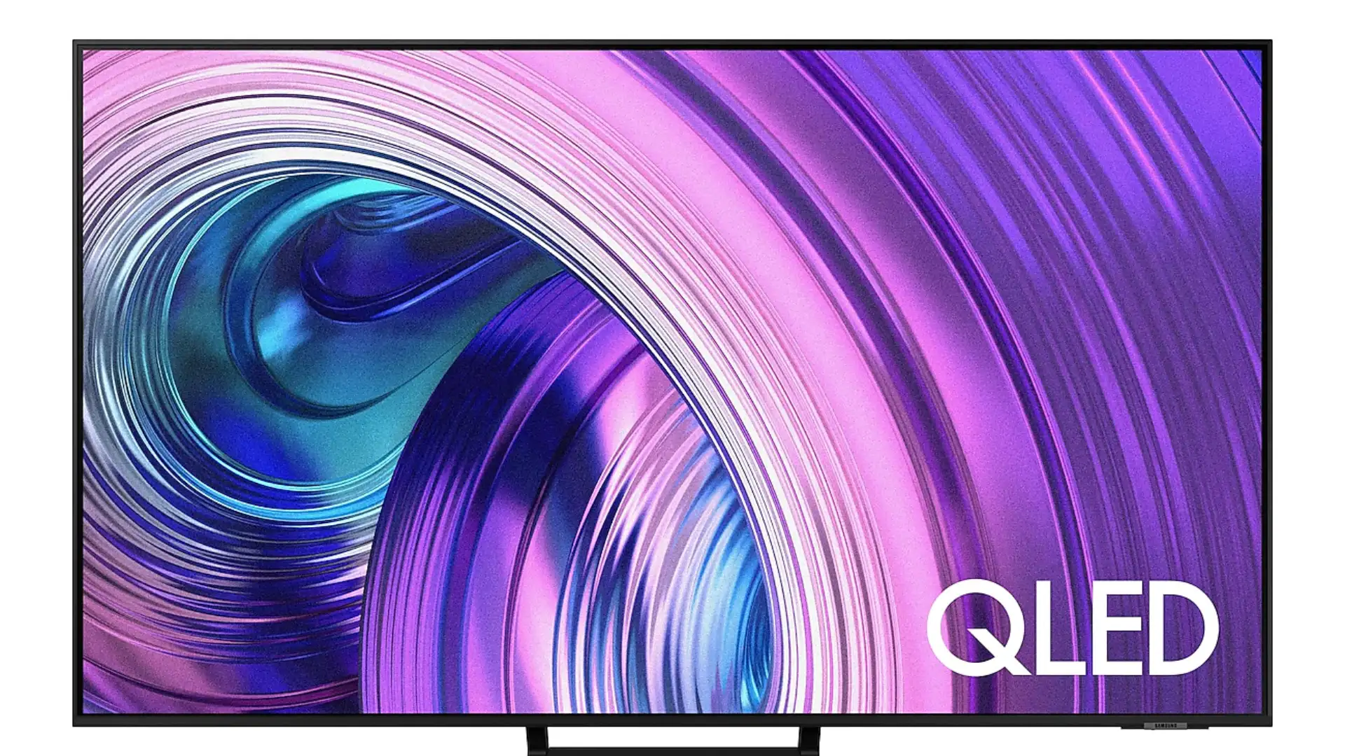 TV Samsung Q70A 85", ligada e vista de frente