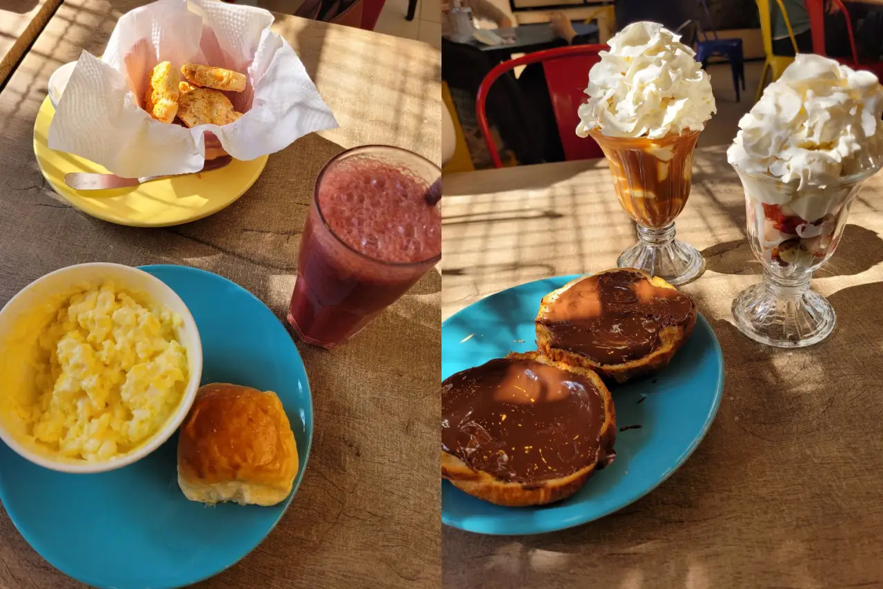 Fotos de diferentes pratos de café da manhã lado a lado