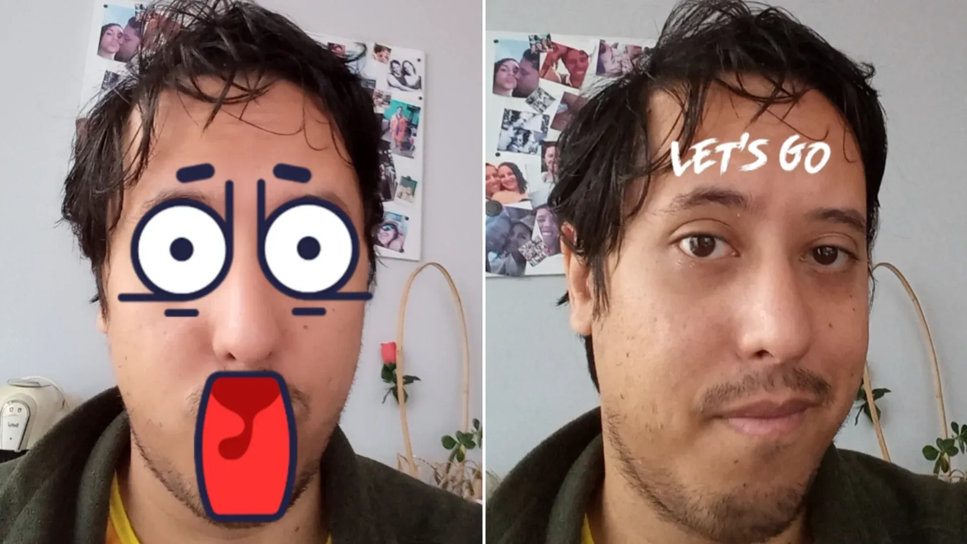 Montagem com um filtro de realidade aumentada e um carimbo aplicados em duas selfies lado a lado