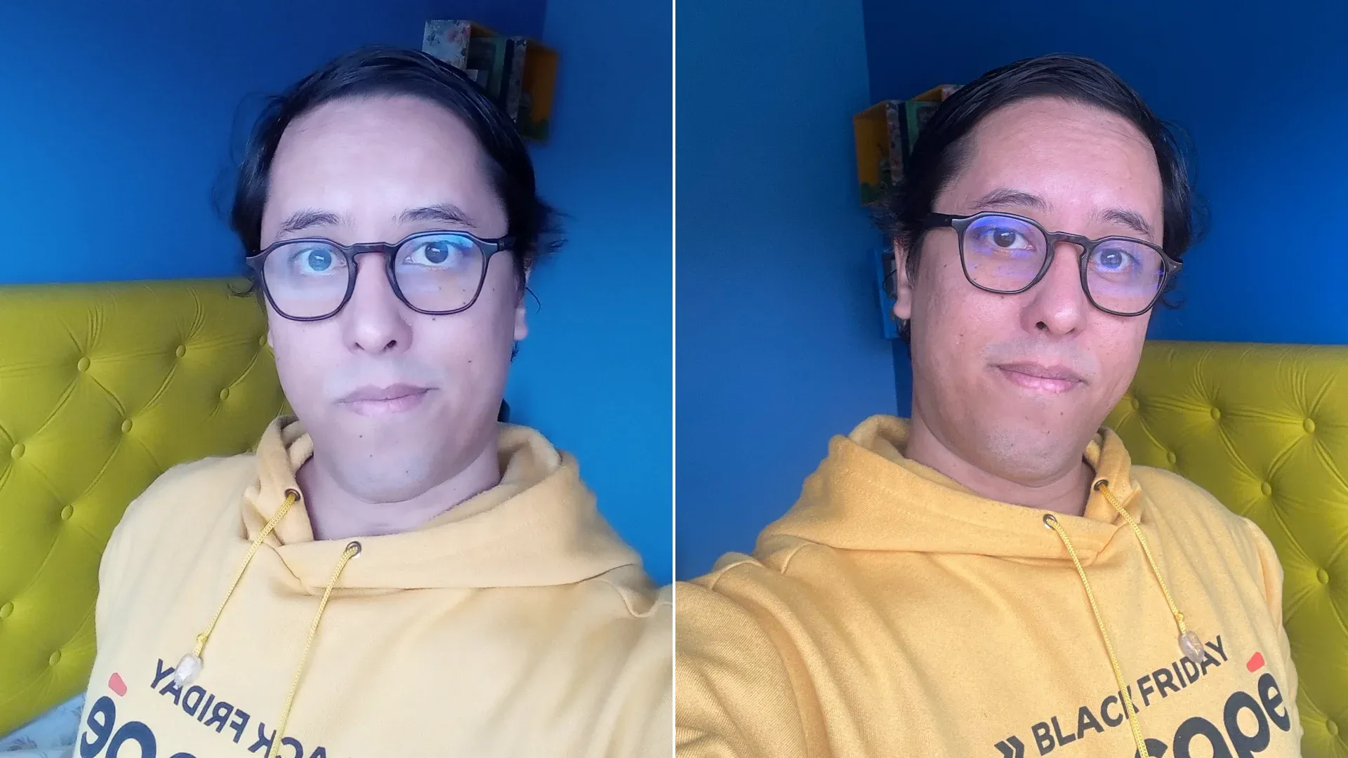 Montagem com duas selfies, uma tirada com o A03s e uma com o iPhone 12