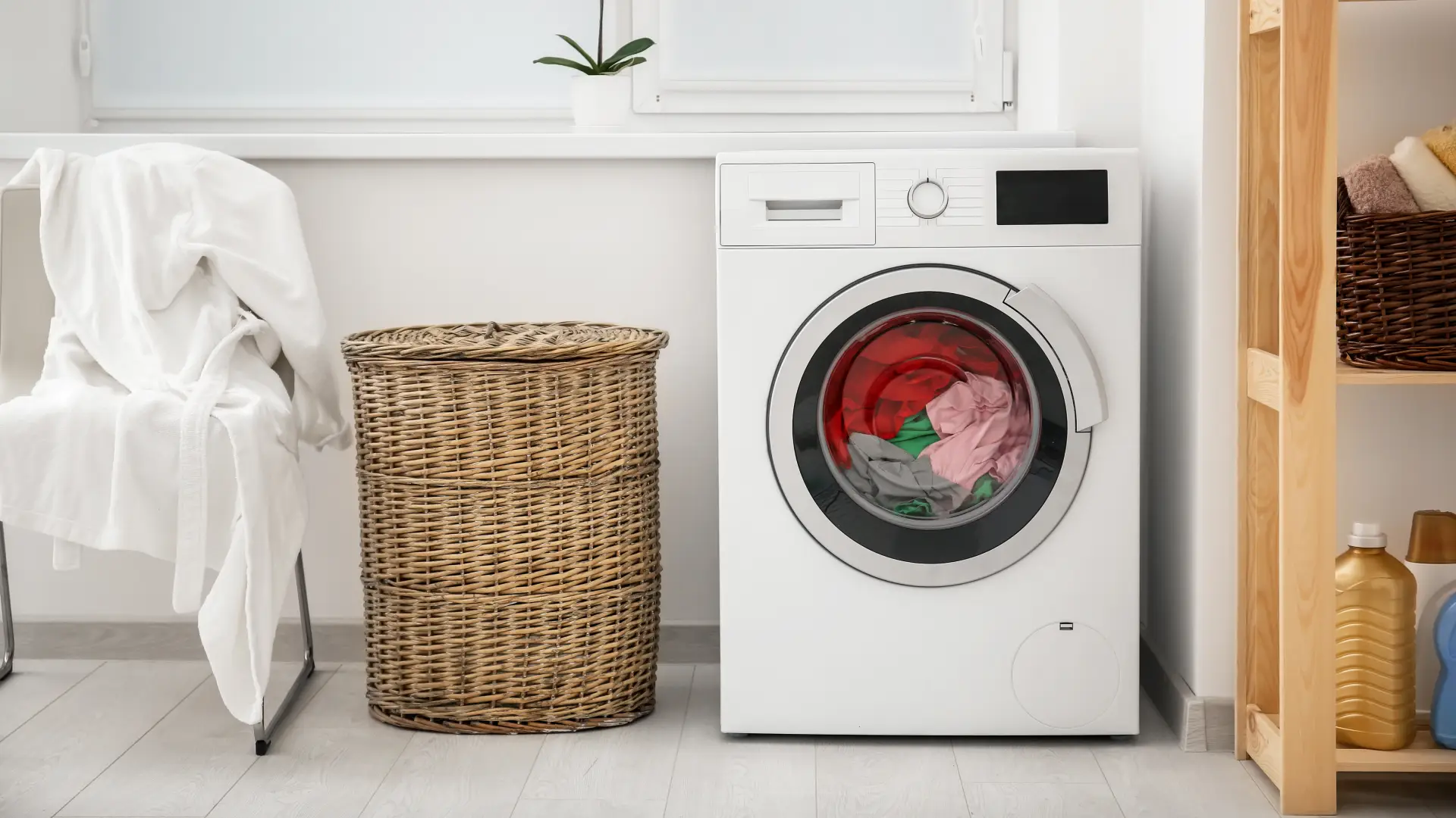 Lava e seca branca em lavanderia, ao lado de cesto de roupa