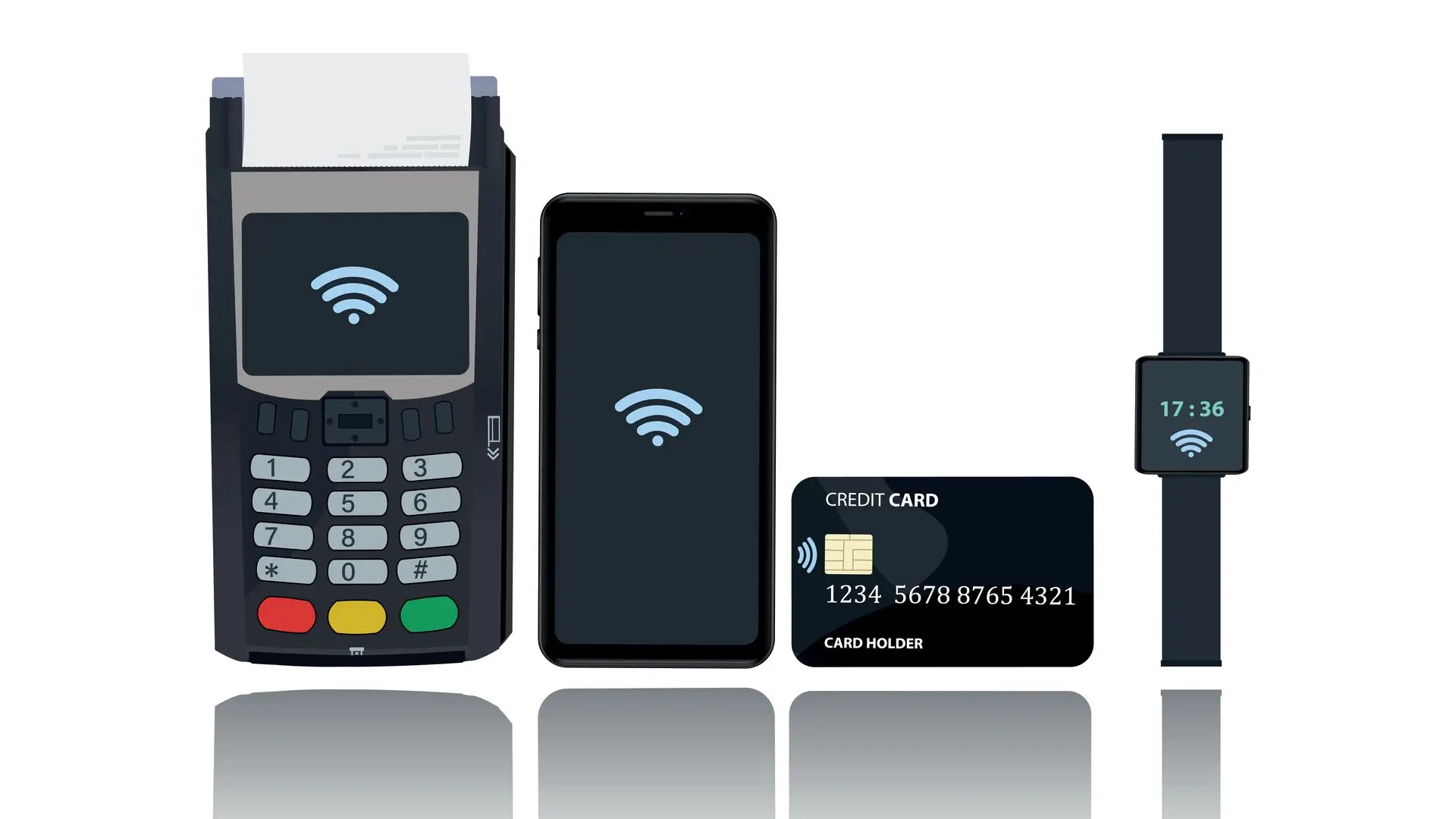 Diferentes dispositivos que usam tecnologia NFC lado a lado