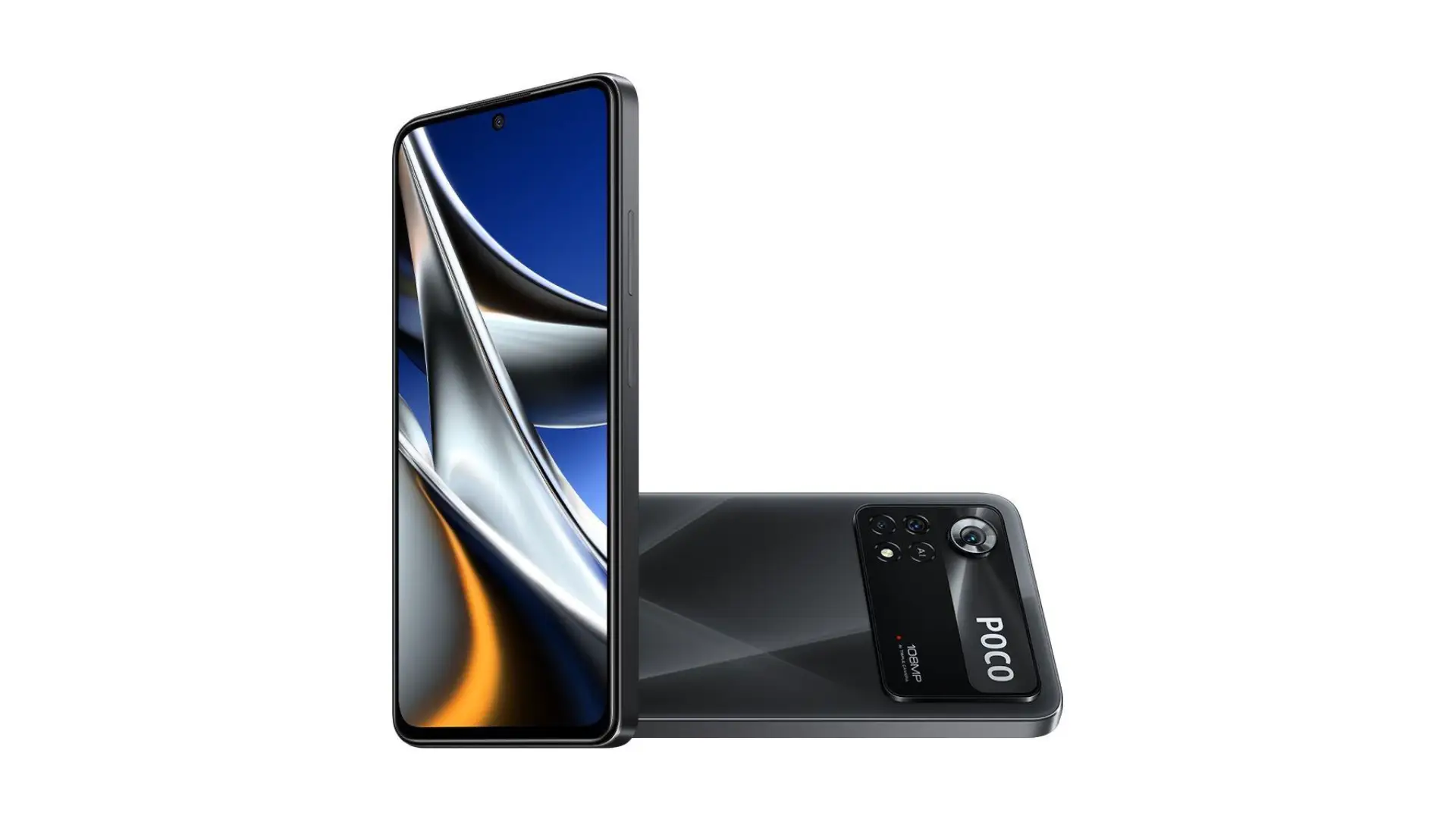 Celular da cor azul está sobre base de acrílico e exposto pela parte traseira