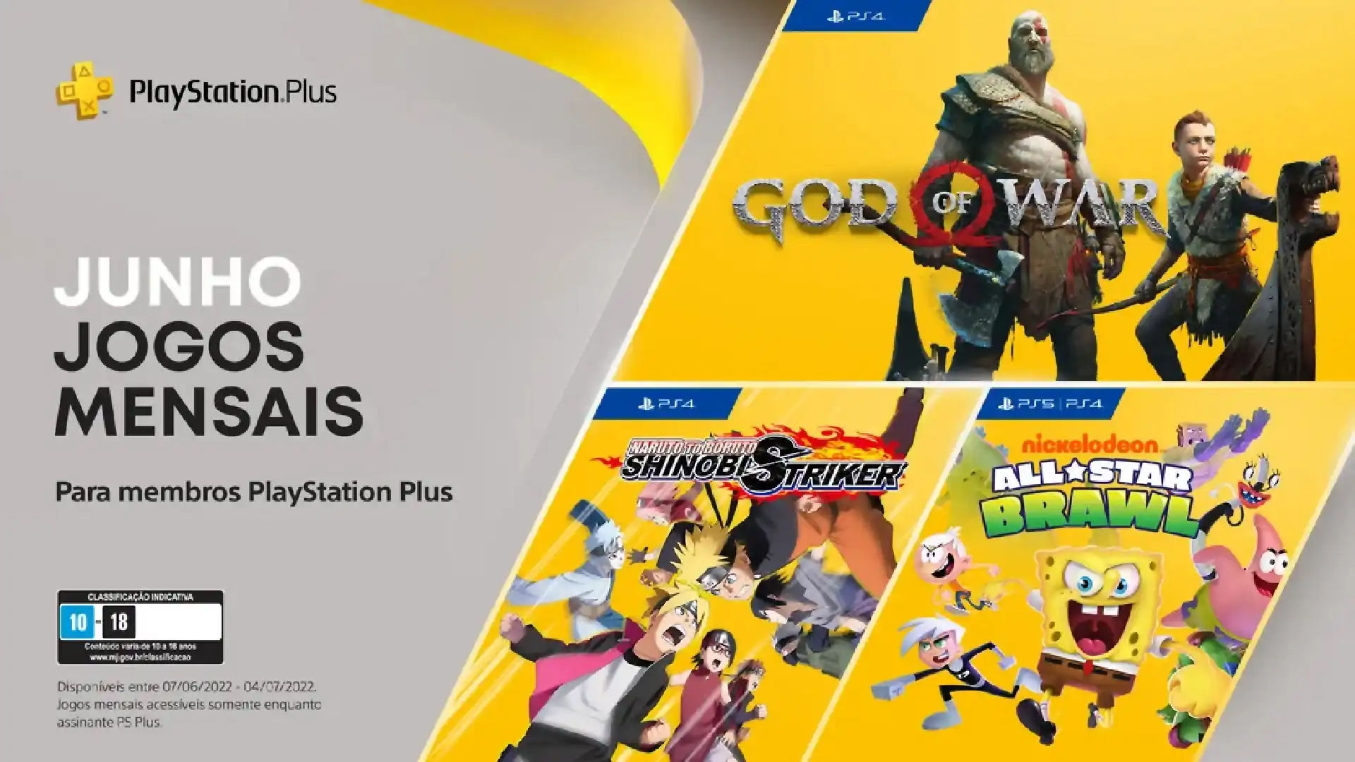Imagem que exibe os jogos da PS Plus junho 2022 com God of War, Naruto to Boruto: Shinobi Striker e Nickelodeon All-Star Battle