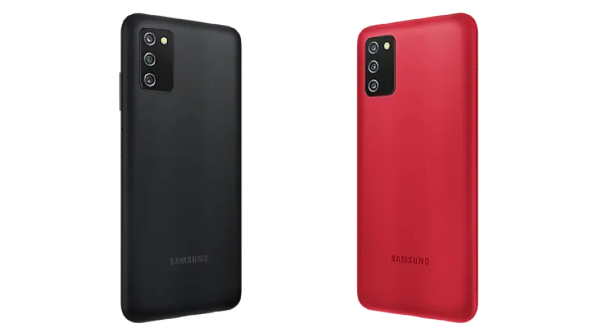 Montagem das versões preta e vermelha do Samsung A03s em um fundo branco