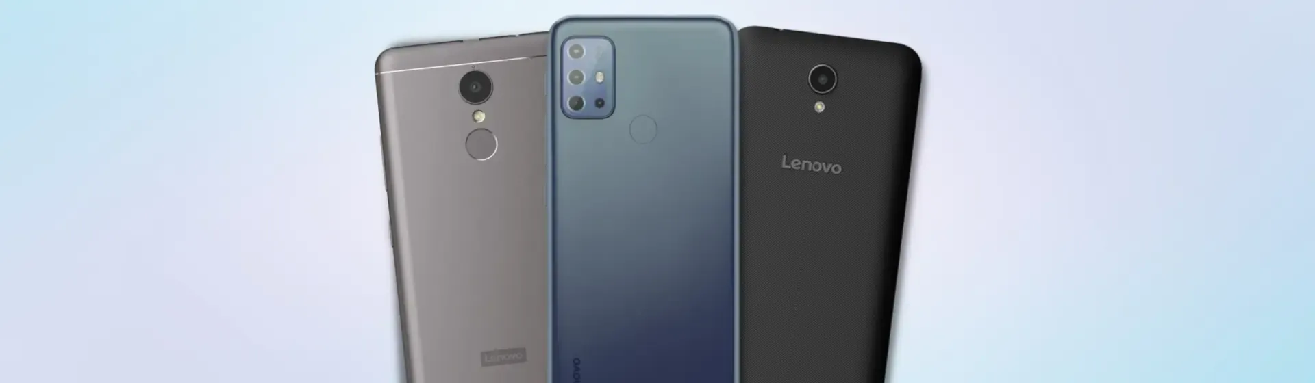 Trio de celulares Lenovo em fundo azul