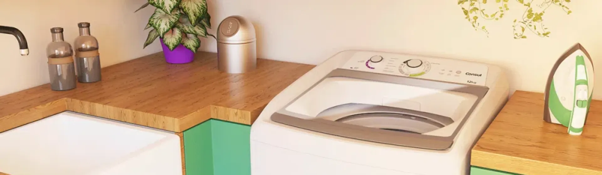 lavadora Consul 12kg CWH12AB entre armários de lavanderia verdes com tampo de madeira