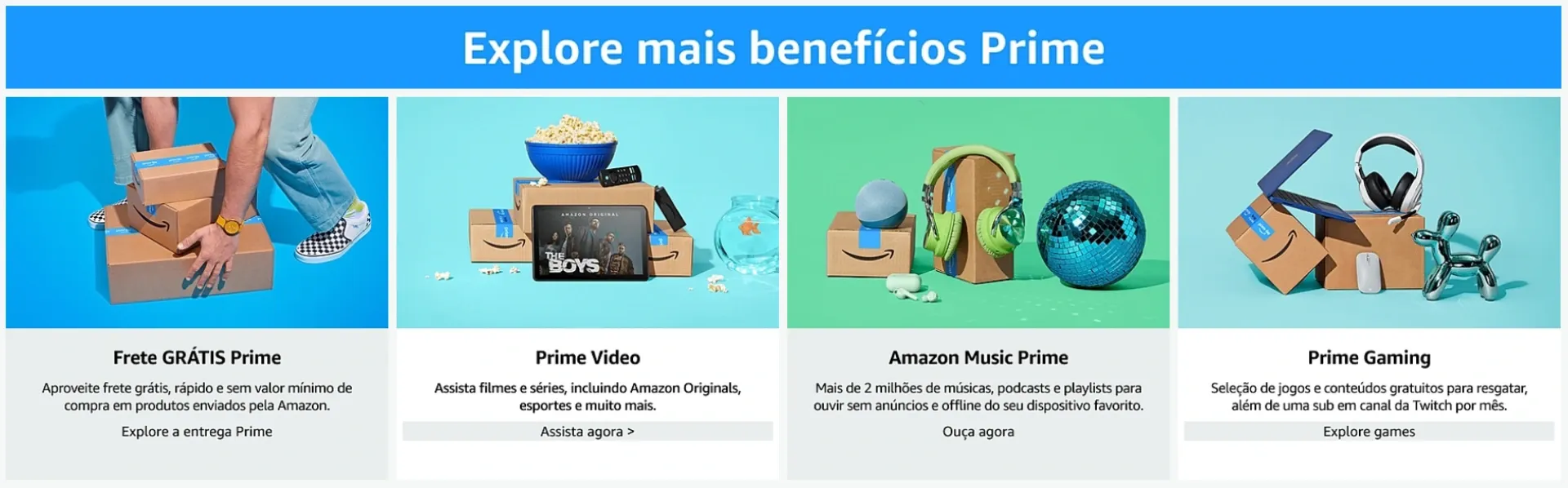 Captura de tela do site da Amazon mostrando os benefícios do programa Amazon Prime