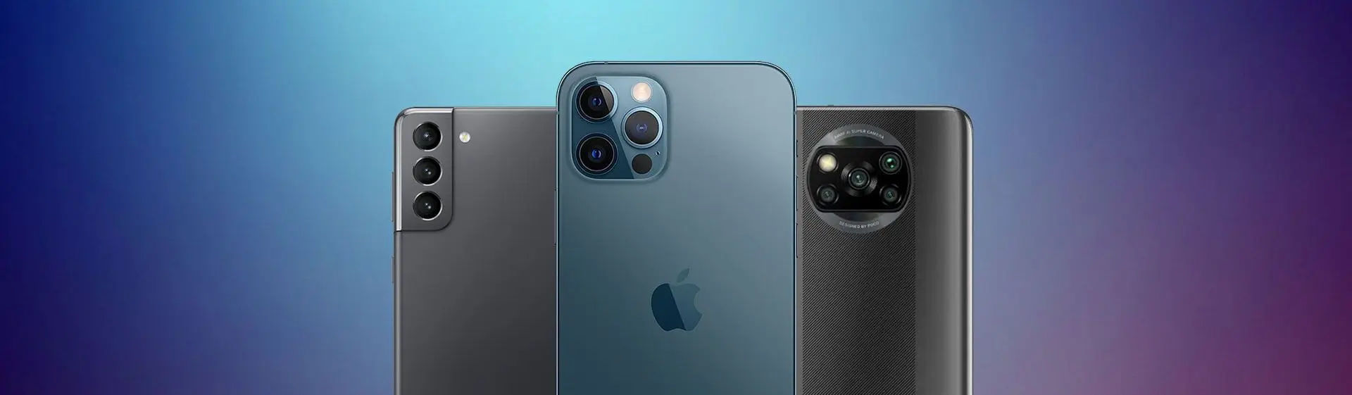Três modelos de smartphones de diferentes marcas de celulares em um fundo azulado