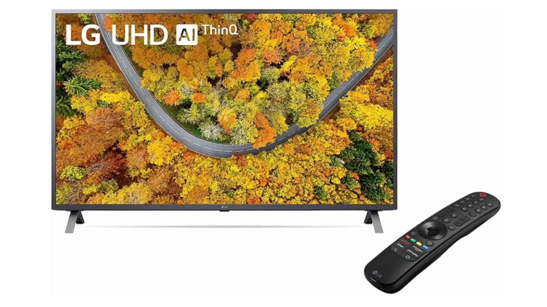 Foto com fundo branco da smart TV LG UP751C ao lado de seu controle remoto Smart Magic.